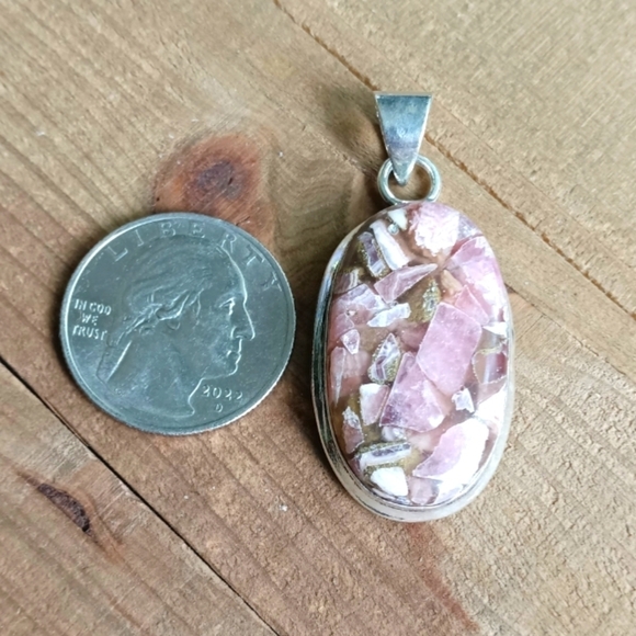 Rhodochrosite w/ Copper Inclusions Oval Pendant 925 Sterling Silver Necklace - Picture 3 of 9